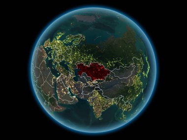 Kazakistan kırmızı görünür ülke sınırları ve şehir ışıkları gece uzaydan. 3D çizim. Nasa tarafından döşenmiş bu görüntü unsurları.