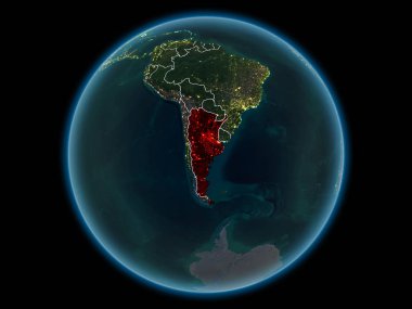 Arjantin kırmızı görünür ülke sınırları ve şehir ışıkları gece uzaydan. 3D çizim. Nasa tarafından döşenmiş bu görüntü unsurları.