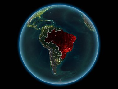 Kırmızı görünür ülke sınırları ve şehir ışıkları gece uzaydan Brezilya'da. 3D çizim. Nasa tarafından döşenmiş bu görüntü unsurları.