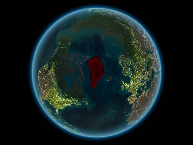 Grönland kırmızı görünür ülke sınırları ve şehir ışıkları gece uzaydan. 3D çizim. Nasa tarafından döşenmiş bu görüntü unsurları.