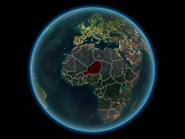 Nijer kırmızı görünür ülke sınırları ve şehir ışıkları gece uzaydan. 3D çizim. Nasa tarafından döşenmiş bu görüntü unsurları.