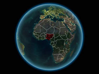 Nijerya kırmızı görünür ülke sınırları ve şehir ışıkları gece uzaydan. 3D çizim. Nasa tarafından döşenmiş bu görüntü unsurları.