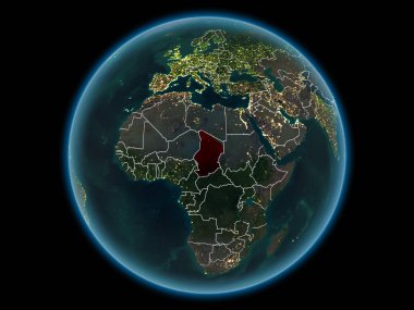 Chad kırmızı görünür ülke sınırları ve şehir ışıkları gece uzaydan. 3D çizim. Nasa tarafından döşenmiş bu görüntü unsurları.