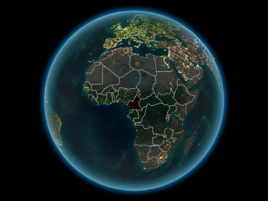 Kamerun kırmızı görünür ülke sınırları ve şehir ışıkları gece uzaydan. 3D çizim. Nasa tarafından döşenmiş bu görüntü unsurları.