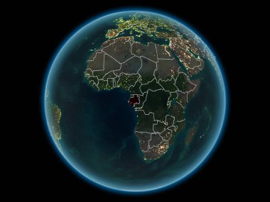 Gabon kırmızı görünür ülke sınırları ve şehir ışıkları gece uzaydan. 3D çizim. Nasa tarafından döşenmiş bu görüntü unsurları.