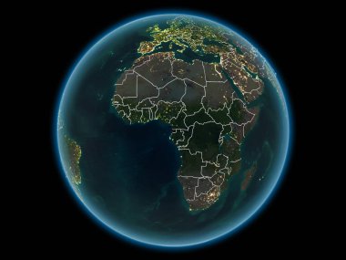 Ekvator Ginesi kırmızı görünür ülke sınırları ve şehir ışıkları gece uzaydan. 3D çizim. Nasa tarafından döşenmiş bu görüntü unsurları.