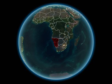 Namibya kırmızı görünür ülke sınırları ve şehir ışıkları gece uzaydan. 3D çizim. Nasa tarafından döşenmiş bu görüntü unsurları.