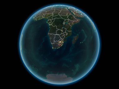 Lesotho kırmızı görünür ülke sınırları ve şehir ışıkları gece uzaydan. 3D çizim. Nasa tarafından döşenmiş bu görüntü unsurları.
