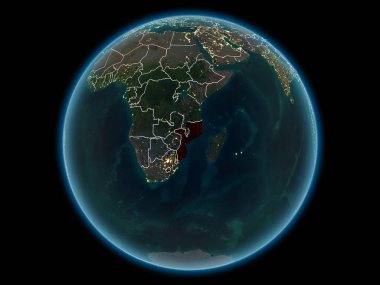 Mozambik kırmızı görünür ülke sınırları ve şehir ışıkları gece uzaydan. 3D çizim. Nasa tarafından döşenmiş bu görüntü unsurları.
