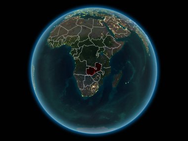 Kırmızı görünür ülke sınırları ve şehir ışıkları gece uzaydan ile Zambiya. 3D çizim. Nasa tarafından döşenmiş bu görüntü unsurları.