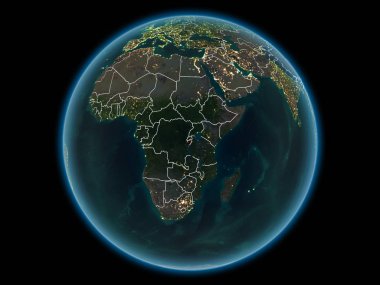 Burundi kırmızı görünür ülke sınırları ve şehir ışıkları gece uzaydan. 3D çizim. Nasa tarafından döşenmiş bu görüntü unsurları.