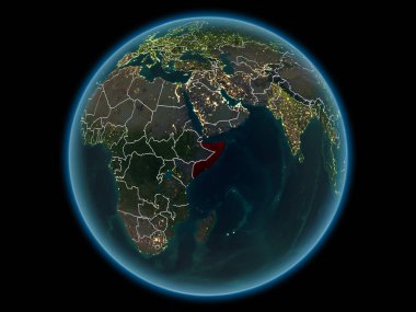 Somali kırmızı görünür ülke sınırları ve şehir ışıkları gece uzaydan. 3D çizim. Nasa tarafından döşenmiş bu görüntü unsurları.