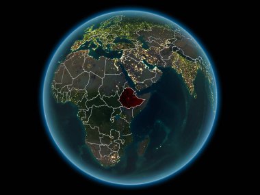 Kırmızı görünür ülke sınırları ve şehir ışıkları gece uzaydan Etiyopya'da. 3D çizim. Nasa tarafından döşenmiş bu görüntü unsurları.