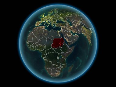 Kırmızı görünür ülke sınırları ve şehir ışıkları gece uzaydan Sudan'da. 3D çizim. Nasa tarafından döşenmiş bu görüntü unsurları.