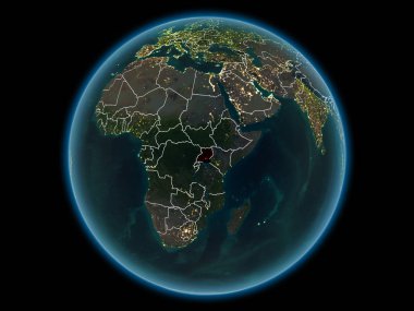 Kırmızı görünür ülke sınırları ve şehir ışıkları gece uzaydan ile Uganda'da. 3D çizim. Nasa tarafından döşenmiş bu görüntü unsurları.