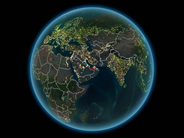 Birleşik Arap Emirlikleri kırmızı görünür ülke sınırları ve şehir ışıkları gece uzaydan. 3D çizim. Nasa tarafından döşenmiş bu görüntü unsurları.
