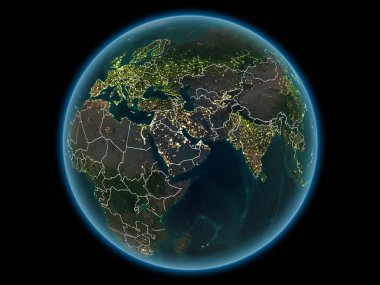 Kırmızı görünür ülke sınırları ve şehir ışıkları gece uzaydan katar. 3D çizim. Nasa tarafından döşenmiş bu görüntü unsurları.