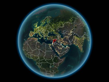 Suriye kırmızı görünür ülke sınırları ve şehir ışıkları gece uzaydan. 3D çizim. Nasa tarafından döşenmiş bu görüntü unsurları.