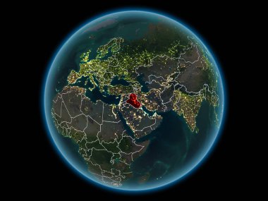 Kırmızı görünür ülke sınırları ve şehir ışıkları gece uzaydan Irak'ta. 3D çizim. Nasa tarafından döşenmiş bu görüntü unsurları.