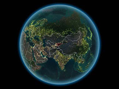 Kırgızistan kırmızı görünür ülke sınırları ve şehir ışıkları gece uzaydan. 3D çizim. Nasa tarafından döşenmiş bu görüntü unsurları.