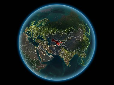 Özbekistan kırmızı görünür ülke sınırları ve şehir ışıkları gece uzaydan. 3D çizim. Nasa tarafından döşenmiş bu görüntü unsurları.