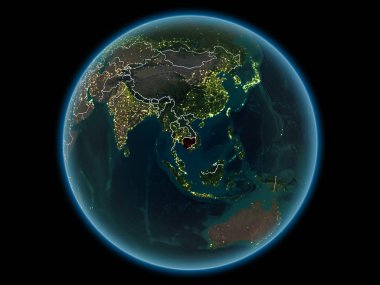 Kamboçya'da kırmızı görünür ülke sınırları ve şehir ışıkları gece uzaydan. 3D çizim. Nasa tarafından döşenmiş bu görüntü unsurları.
