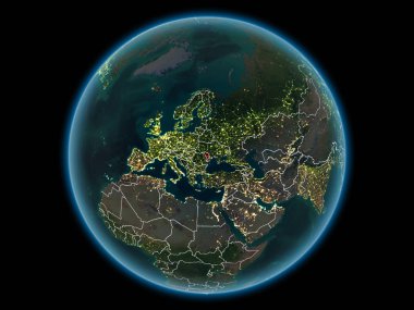 Moldova kırmızı görünür ülke sınırları ve şehir ışıkları gece uzaydan. 3D çizim. Nasa tarafından döşenmiş bu görüntü unsurları.