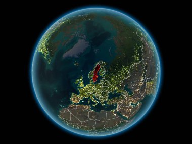 İsveç kırmızı görünür ülke sınırları ve şehir ışıkları gece uzaydan. 3D çizim. Nasa tarafından döşenmiş bu görüntü unsurları.