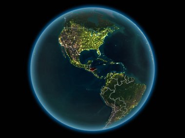 Honduras kırmızı görünür ülke sınırları ve şehir ışıkları gece uzaydan. 3D çizim. Nasa tarafından döşenmiş bu görüntü unsurları.