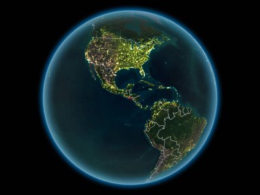El Salvador kırmızı görünür ülke sınırları ve şehir ışıkları gece uzaydan. 3D çizim. Nasa tarafından döşenmiş bu görüntü unsurları.