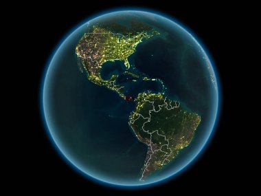 Kırmızı görünür ülke sınırları ve şehir ışıkları gece uzaydan Panama'da. 3D çizim. Nasa tarafından döşenmiş bu görüntü unsurları.