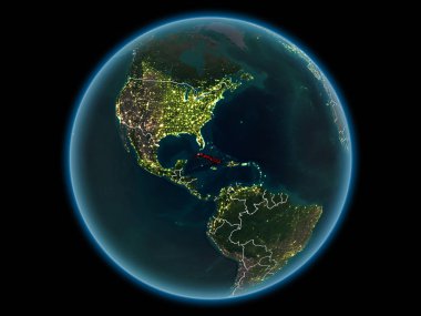 Küba'da kırmızı görünür ülke sınırları ve şehir ışıkları gece uzaydan. 3D çizim. Nasa tarafından döşenmiş bu görüntü unsurları.
