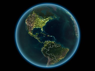 Kırmızı görünür ülke sınırları ve şehir ışıkları gece uzaydan Haiti'de. 3D çizim. Nasa tarafından döşenmiş bu görüntü unsurları.