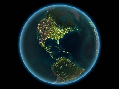 Bahamalar kırmızı görünür ülke sınırları ve şehir ışıkları gece uzaydan. 3D çizim. Nasa tarafından döşenmiş bu görüntü unsurları.
