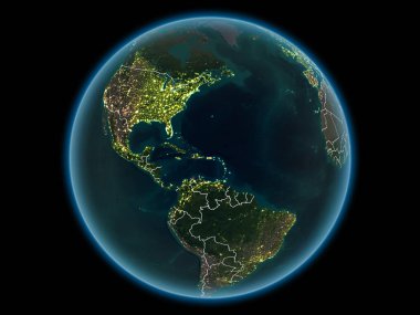 Porto Riko kırmızı görünür ülke sınırları ve şehir ışıkları gece uzaydan. 3D çizim. Nasa tarafından döşenmiş bu görüntü unsurları.