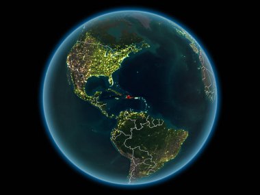 Dominik Cumhuriyeti kırmızı görünür ülke sınırları ve şehir ışıkları gece uzaydan. 3D çizim. Nasa tarafından döşenmiş bu görüntü unsurları.