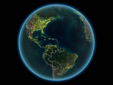 Kırmızı görünür ülke sınırları ve şehir ışıkları gece uzaydan ile Karayipler'de. 3D çizim. Nasa tarafından döşenmiş bu görüntü unsurları.