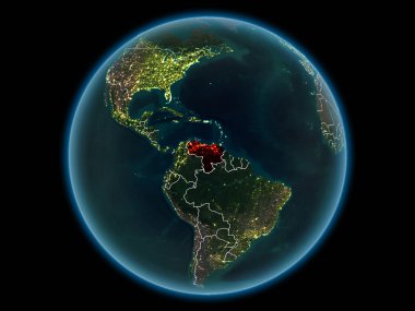 Venezuela kırmızı görünür ülke sınırları ve şehir ışıkları gece uzaydan. 3D çizim. Nasa tarafından döşenmiş bu görüntü unsurları.