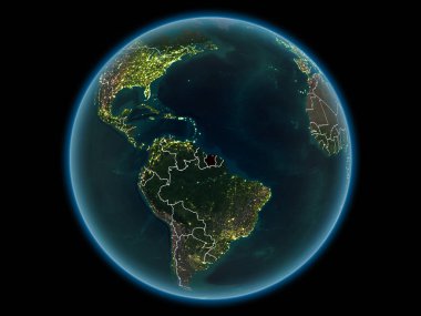 Surinam kırmızı görünür ülke sınırları ve şehir ışıkları gece uzaydan. 3D çizim. Nasa tarafından döşenmiş bu görüntü unsurları.