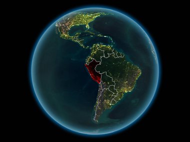 Peru kırmızı görünür ülke sınırları ve şehir ışıkları gece uzaydan. 3D çizim. Nasa tarafından döşenmiş bu görüntü unsurları.