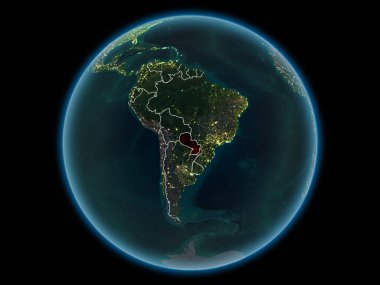 Paraguay kırmızı görünür ülke sınırları ve şehir ışıkları gece uzaydan. 3D çizim. Nasa tarafından döşenmiş bu görüntü unsurları.