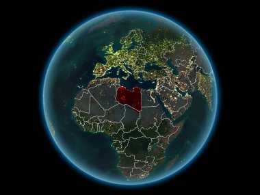 Libya kırmızı görünür ülke sınırları ve şehir ışıkları gece uzaydan. 3D çizim. Nasa tarafından döşenmiş bu görüntü unsurları.