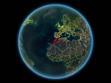 Fas kırmızı görünür ülke sınırları ve şehir ışıkları gece uzaydan. 3D çizim. Nasa tarafından döşenmiş bu görüntü unsurları.