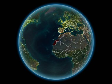 Batı Sahra kırmızı görünür ülke sınırları ve şehir ışıkları gece uzaydan. 3D çizim. Nasa tarafından döşenmiş bu görüntü unsurları.