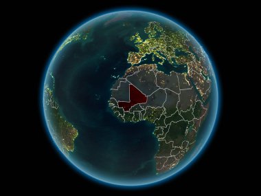 Mali kırmızı görünür ülke sınırları ve şehir ışıkları gece uzaydan. 3D çizim. Nasa tarafından döşenmiş bu görüntü unsurları.
