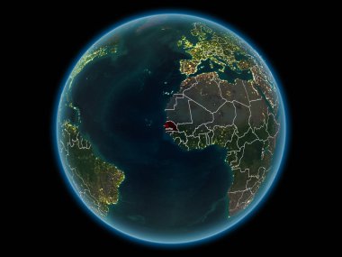 Senegal kırmızı görünür ülke sınırları ve şehir ışıkları gece uzaydan. 3D çizim. Nasa tarafından döşenmiş bu görüntü unsurları.