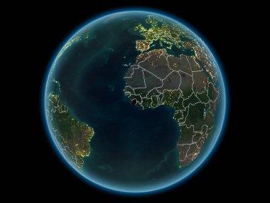 Sierra Leone kırmızı görünür ülke sınırları ve şehir ışıkları gece uzaydan. 3D çizim. Nasa tarafından döşenmiş bu görüntü unsurları.