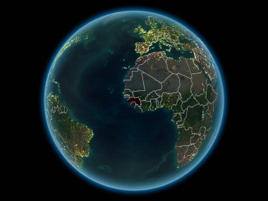 Gine kırmızı görünür ülke sınırları ve şehir ışıkları gece uzaydan. 3D çizim. Nasa tarafından döşenmiş bu görüntü unsurları.
