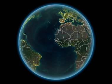 Gine-Bissau kırmızı görünür ülke sınırları ve şehir ışıkları gece uzaydan. 3D çizim. Nasa tarafından döşenmiş bu görüntü unsurları.