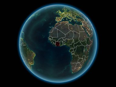 Fildişi Sahili kırmızı görünür ülke sınırları ve şehir ışıkları gece uzaydan. 3D çizim. Nasa tarafından döşenmiş bu görüntü unsurları.
